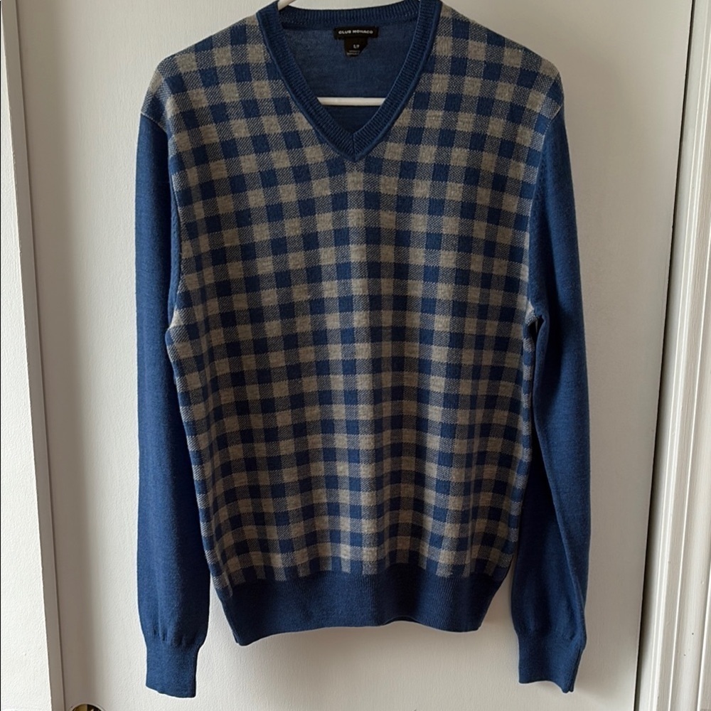 Club Monaco Checkered V Neck Merino Wool Sweater S
